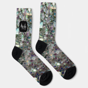 Sparkly silver grey mosaic faux glitter Monogram Socks