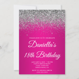 Sparkly Silver Hot Pink Gradient 18th Birthday Invitation