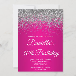 Sparkly Silver Hot Pink Gradient 30th Birthday Invitation