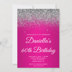 Sparkly Silver Hot Pink Gradient 60th Birthday Invitation