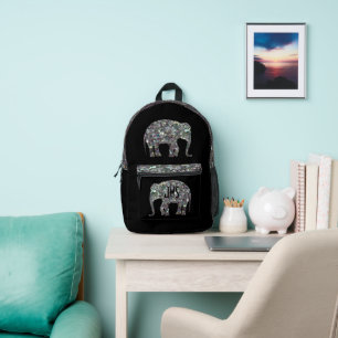Sparkly silver mosaic Elephant Monogram on black Printed Backpack