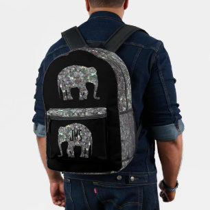 Sparkly silver mosaic Elephant Monogram on black Printed Backpack