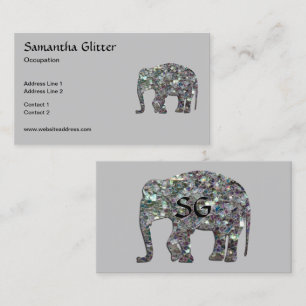Sparkly silver mosaic Elephant Monogram on grey Business Card