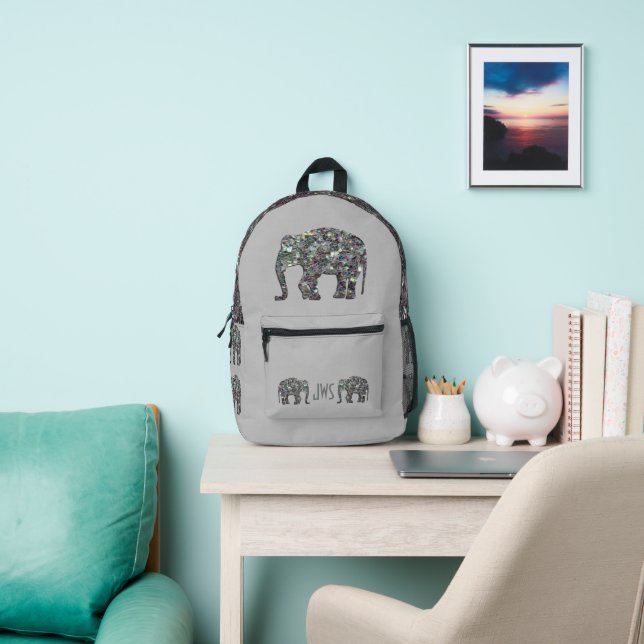 Sparkly silver mosaic Elephant Monogram on grey Printed Backpack (Insitu)