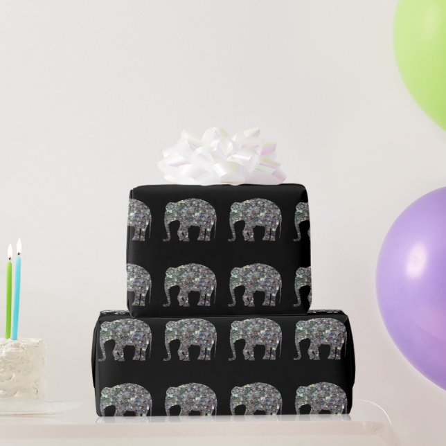 Sparkly silver mosaic Elephant pattern on Black  Wrapping Paper (Party Gifts)