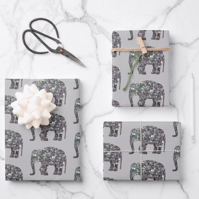Sparkly silver mosaic Elephant pattern on grey Wrapping Paper Sheet (Front)