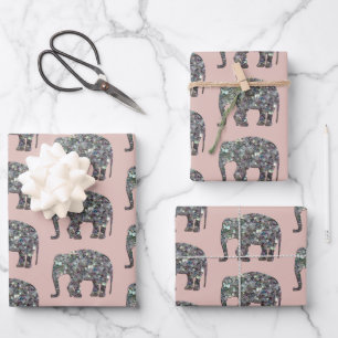 Sparkly silver mosaic Elephant pattern rose pink Wrapping Paper Sheet