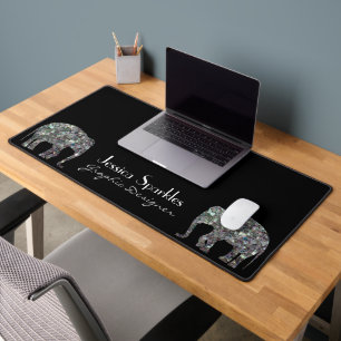 Sparkly silver mosaic glitter Elephant custom name Desk Mat