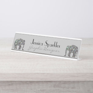 Sparkly silver mosaic glitter Elephant gray Desk Name Plate