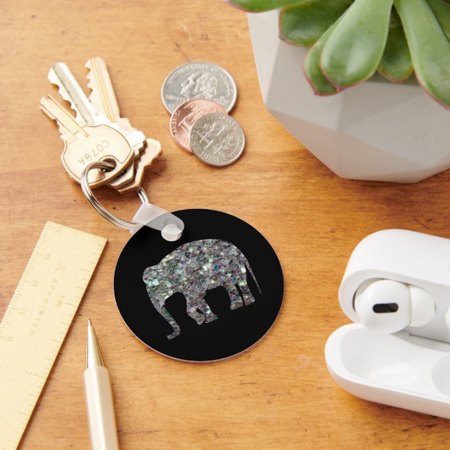 Sparkly silver mosaic glitter Elephant Key Ring (Desk)