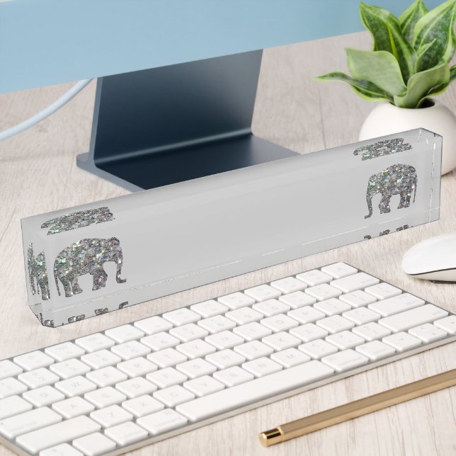 Sparkly silver mosaic glitter Elephant light grey Nameplate