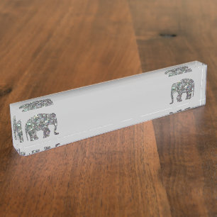 Sparkly silver mosaic glitter Elephant light grey Nameplate