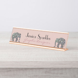 Sparkly silver mosaic glitter Elephant rose pink Desk Name Plate