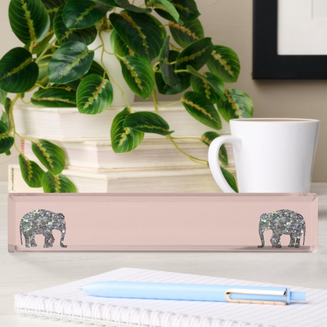 Sparkly silver mosaic glitter Elephant rose pink Nameplate