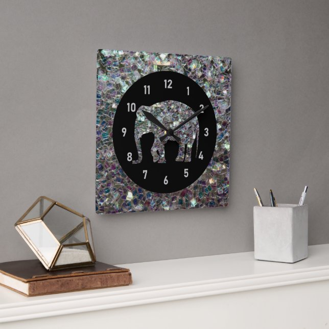 Sparkly silver mosaic glitter Elephant Square Wall Clock (Office)
