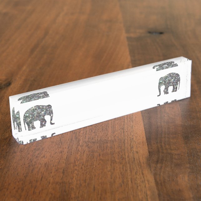 Sparkly silver mosaic glitter Elephant white Nameplate (Side)