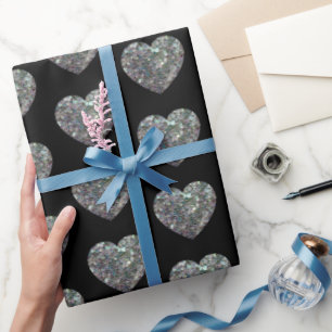 Sparkly silver mosaic Heart pattern black Wrapping Paper