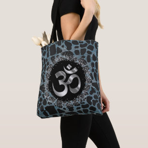 Sparkly Silver OM Turquoise Giraffe Print Tote Bag