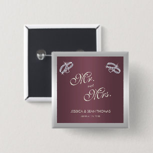 Sparkly Silver Rings & Burgandy Wedding 15 Cm Square Badge