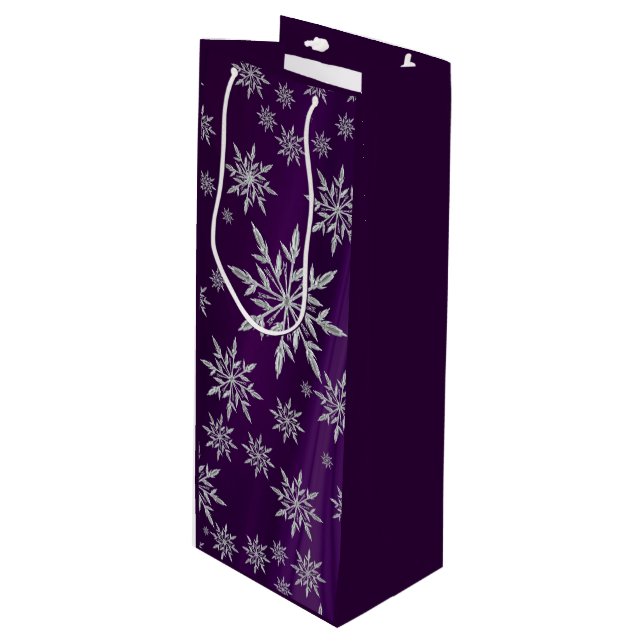 Sparkly Silver Snowflakes on Purple Wine Gift Bag (Front Angled)