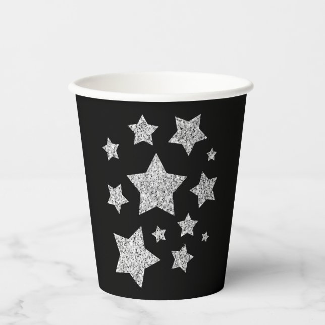Sparkly Silver Stars Christmas holidays black Paper Cups (Front)