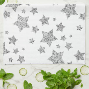 Sparkly Silver Stars Christmas holidays pattern  Tea Towel