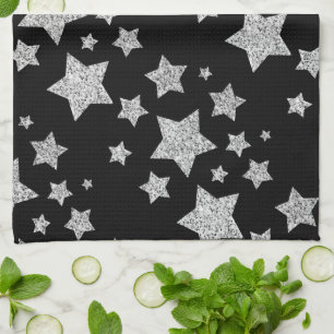 Sparkly Silver Stars Christmas holidays pattern  Tea Towel