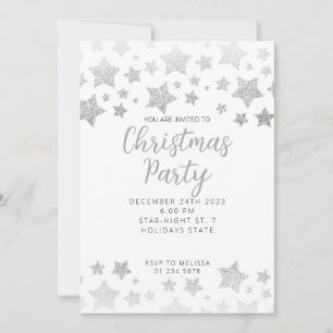 Sparkly Silver Stars Christmas party white Invitation