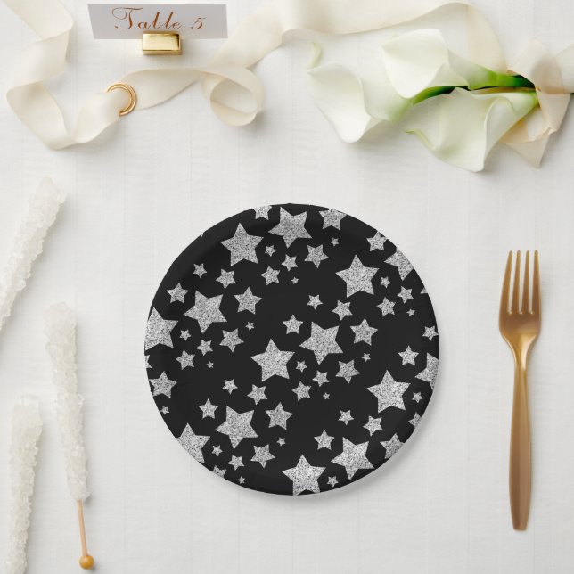 Sparkly Silver Stars Christmas pattern black Paper Plate (Wedding)