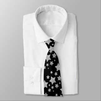 Sparkly Silver Stars Christmas pattern black Tie