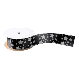 Sparkly Silver Stars Christmas pattern on black Satin Ribbon