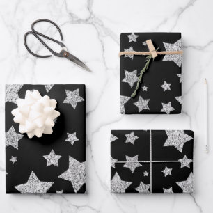 Sparkly Silver Stars Christmas pattern on black Wrapping Paper Sheet