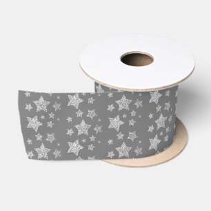 Sparkly Silver Stars Christmas pattern on grey Satin Ribbon