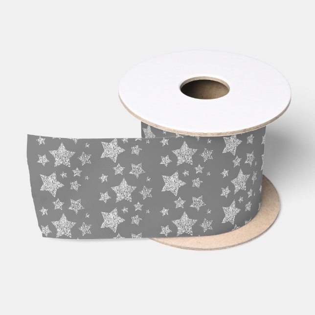 Sparkly Silver Stars Christmas pattern on grey Satin Ribbon (Spool)