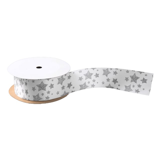 Sparkly Silver Stars Christmas pattern on white Satin Ribbon (Spool)