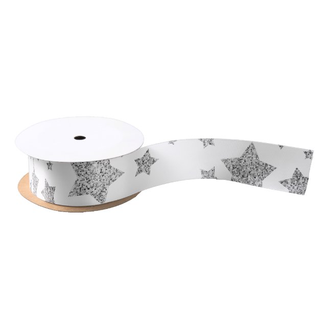 Sparkly Silver Stars Christmas pattern on white Satin Ribbon (Spool)