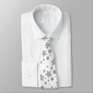 Sparkly Silver Stars Christmas pattern white Tie
