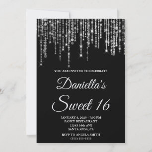 Sparkly Silver String Lights Black Sweet 16 Invitation