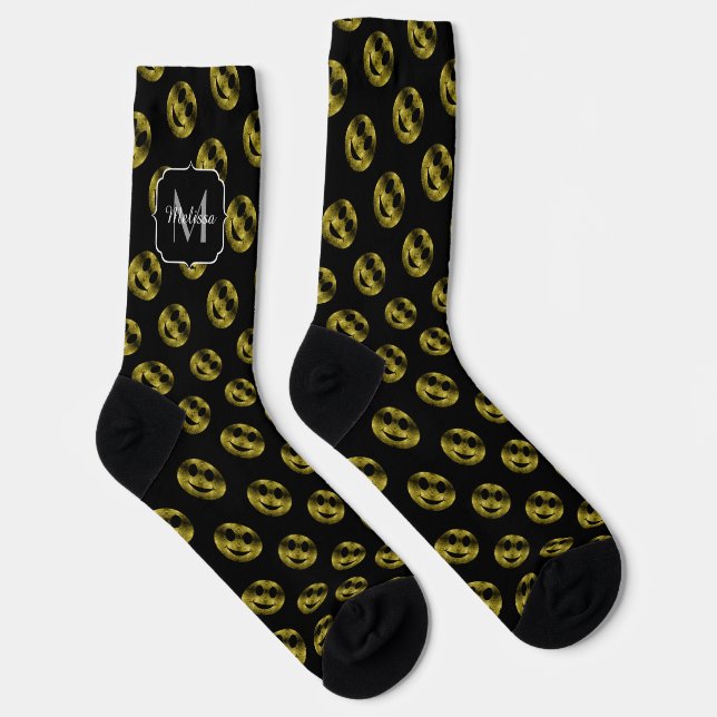 Sparkly Smile face Gold black pattern Monogram Socks (Right)