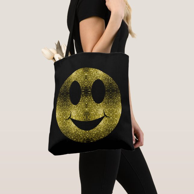 Sparkly Smile face Yellow Gold sparkles on Black Tote Bag (Close Up)