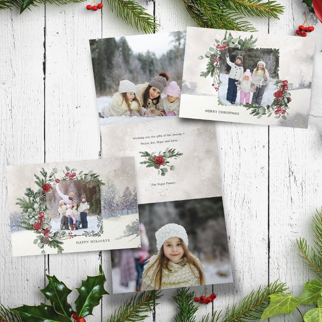 Sparkly Snow Scene Winter Floral Photo  Tri-Fold Holiday Card (Creator Uploaded)