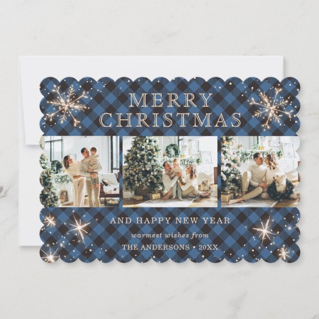 Sparkly Snowflake Blue Buffalo Plaid Photo Collage Holiday Card (Front)