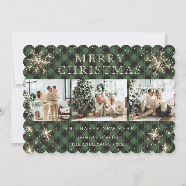 Sparkly Snowflake Green Plaid 3 Photo Collage Holiday Card (Front)