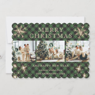 Sparkly Snowflake Green Plaid 3 Photo Collage Holiday Card