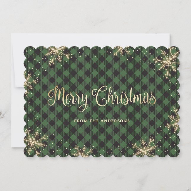 Sparkly Snowflakes Green Plaid Gold Christmas Holiday Card (Front)