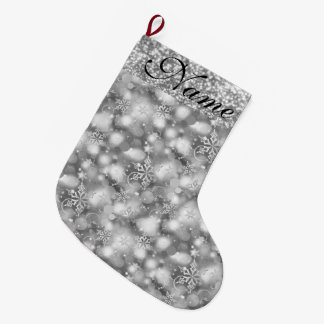 Sparkly Snowflakes, Silver & Silver Glitter - Large Christmas Stocking