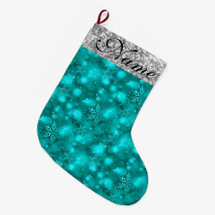 Sparkly Snowflakes, Teal & Silver Glitter - Large Christmas Stocking