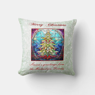 Sparkly Stained Glass Christmas Tree Green Glitter Cushion