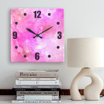 Sparkly star numbers on pink watercolor abstract<br><div class="desc">Tiny purple hot pink star numbers twinkle on a dappled pink celestial abstract watercolor background. Enliven up your favourite room with this stunning, vibrant wall clock. Your choice of a round or square clock face. Makes a great housewarming gift! You can easily personalise this wall clock plus I also offer...</div>