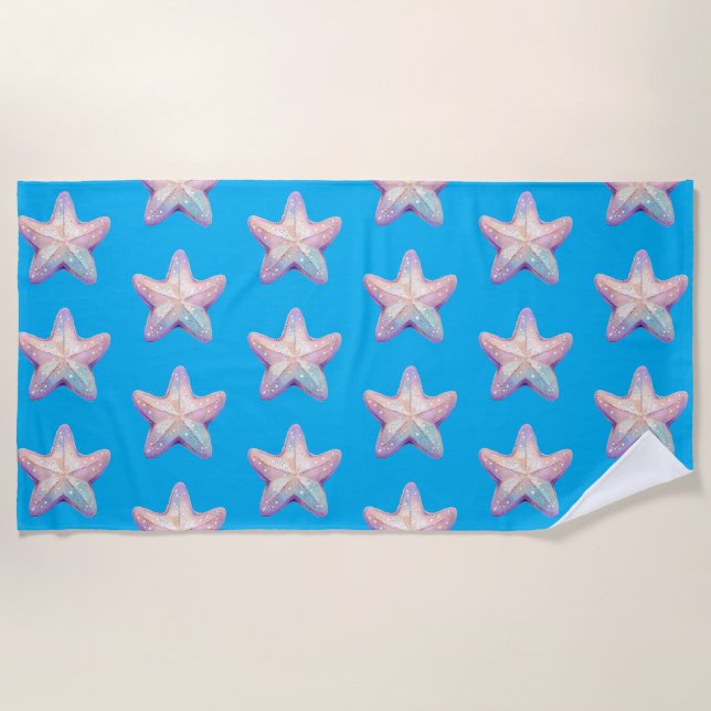 Sparkly Starfish Caribbean Blue Beach Towel (Front)